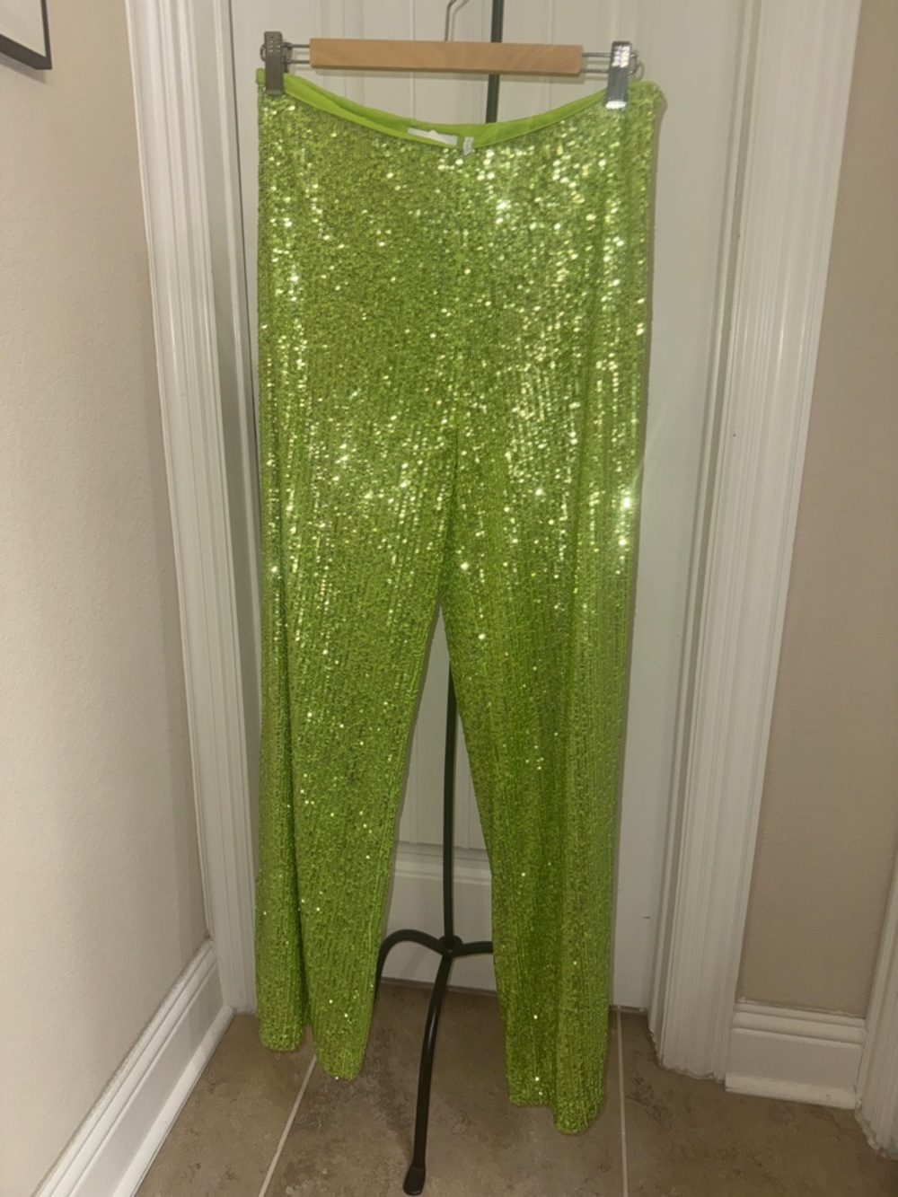 High-Shine Lime Green Sequin Boot-Cut Pants